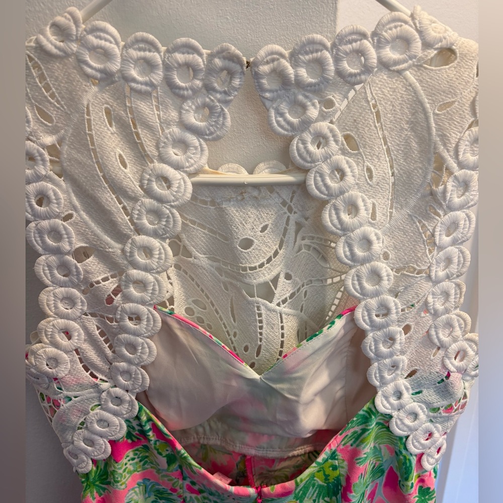 Lilly Pulitzer Pink and Green Romper Raz Berry Catty Shack Sadie Romper - Picture 12 of 13